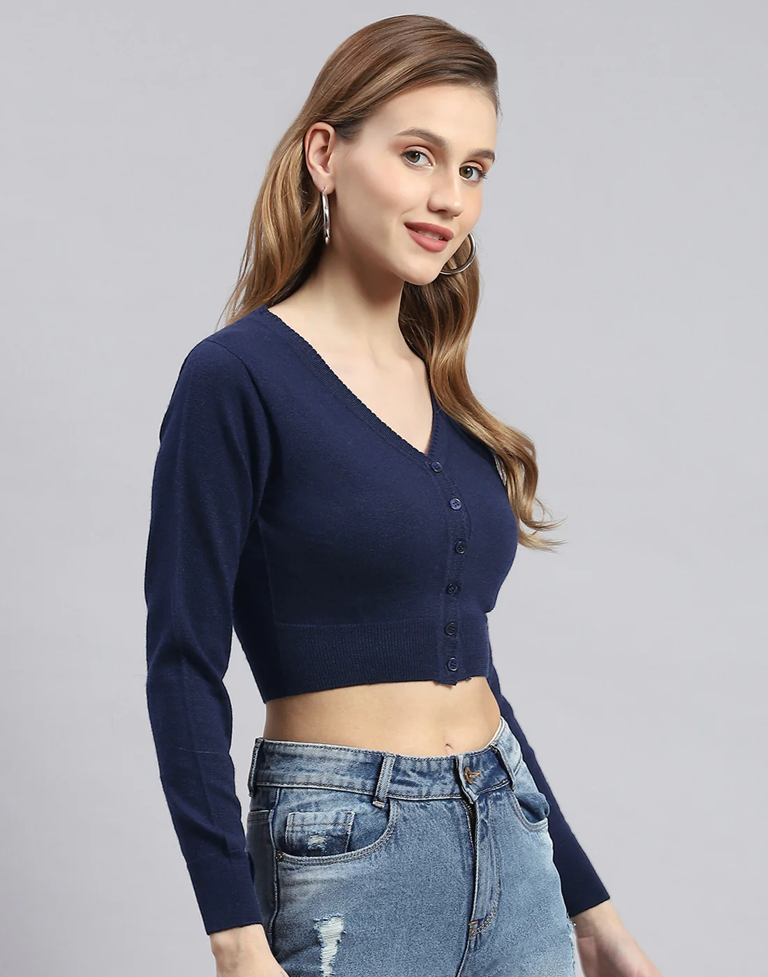 Women Navy Blue Solid V Neck Full Sleeve Blouse - Image 4