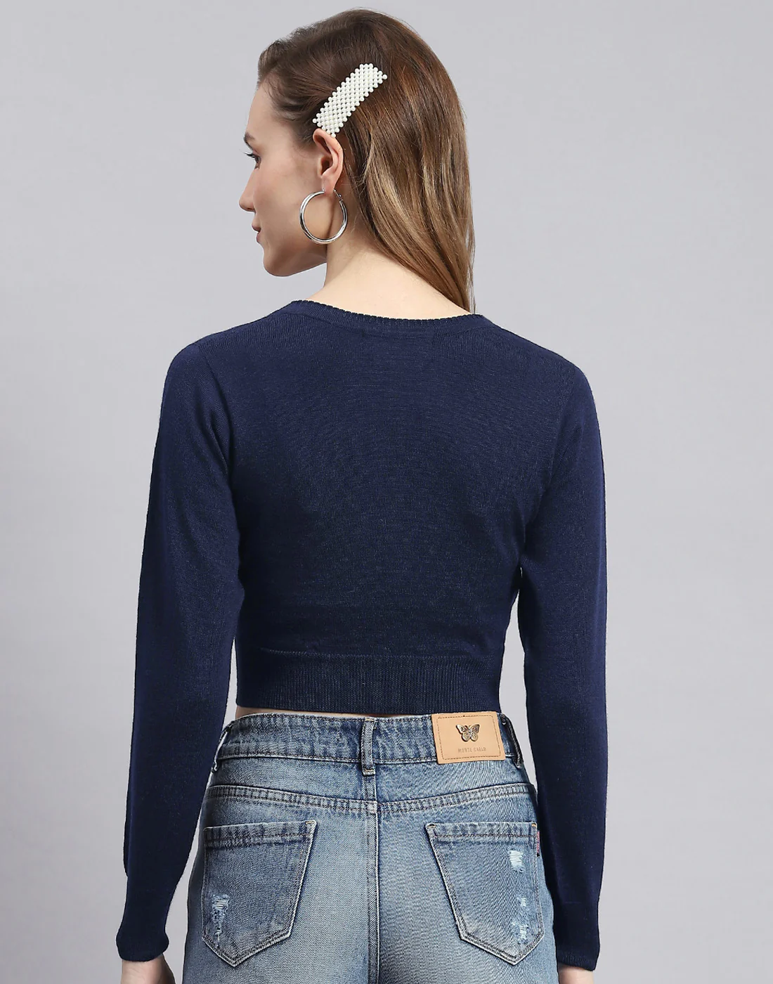 Women Navy Blue Solid V Neck Full Sleeve Blouse - Image 5