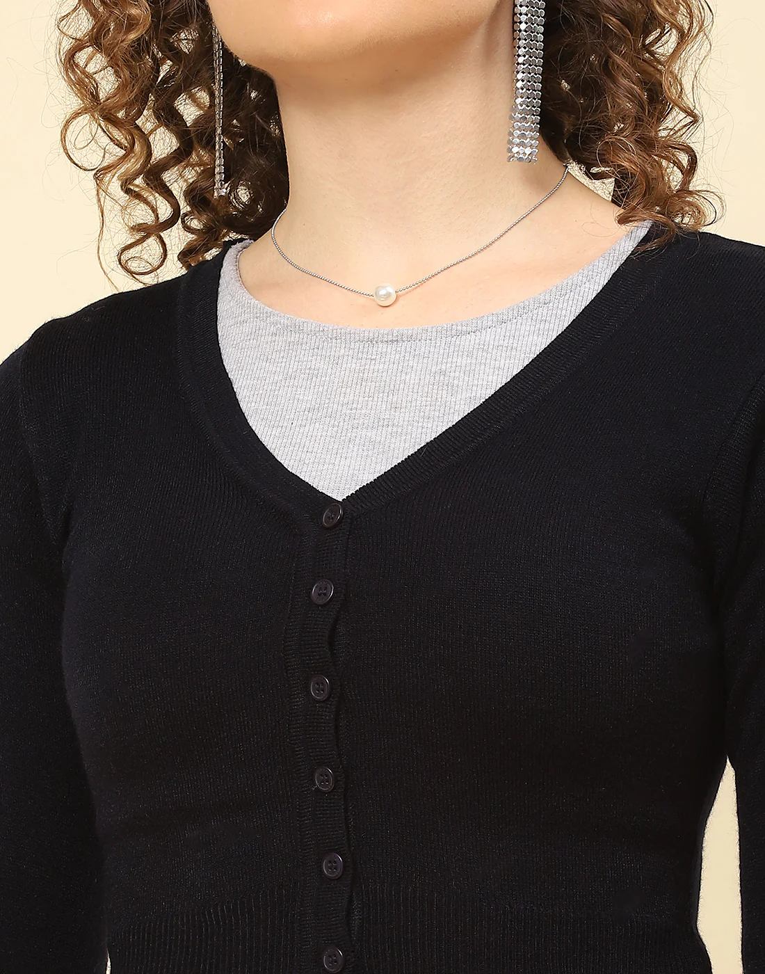 Women Navy Blue Solid V Neck Full Sleeve Blouse - Image 6