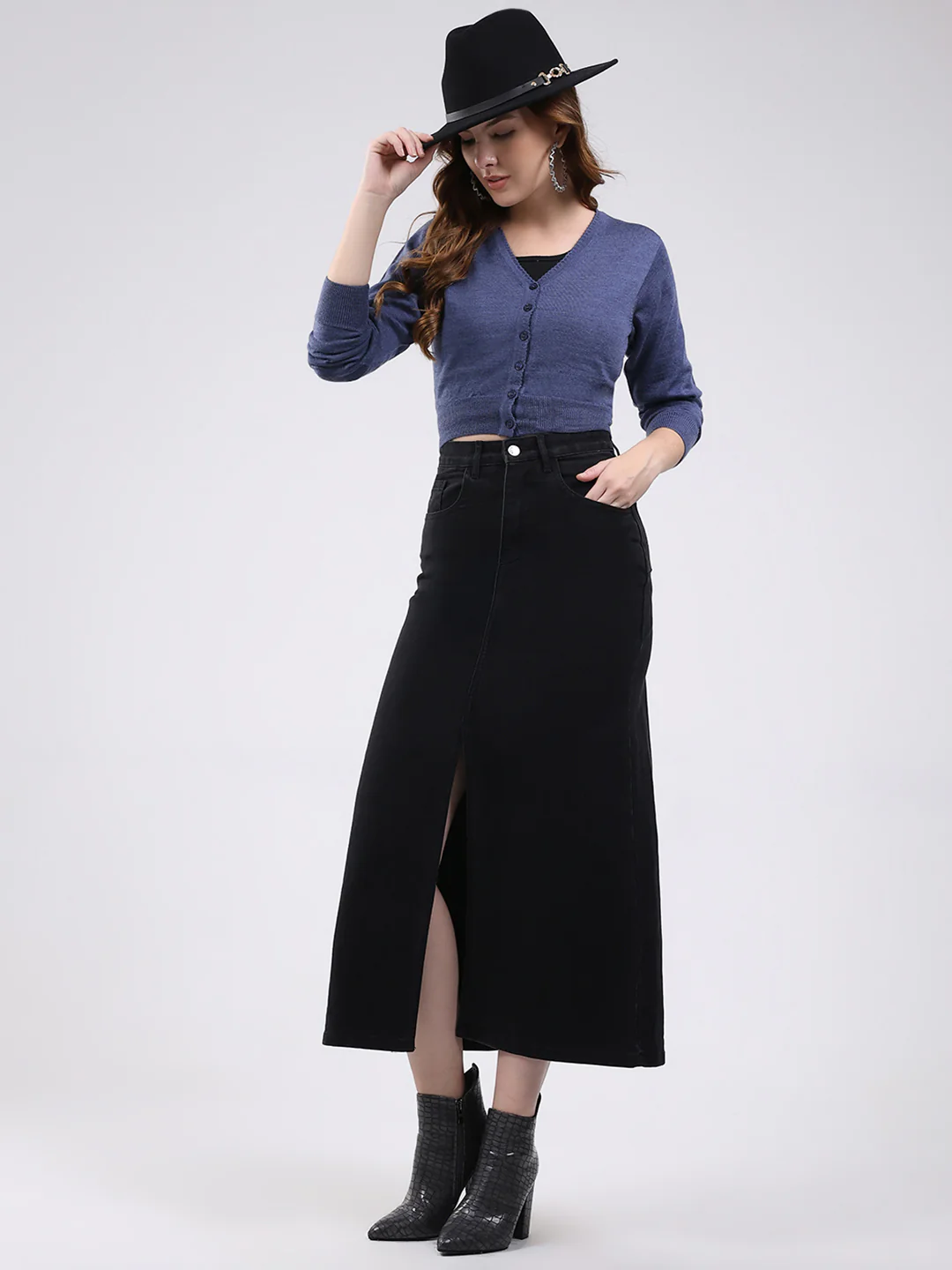 Women Navy Blue Solid V Neck Full Sleeve Blouse - Image 2