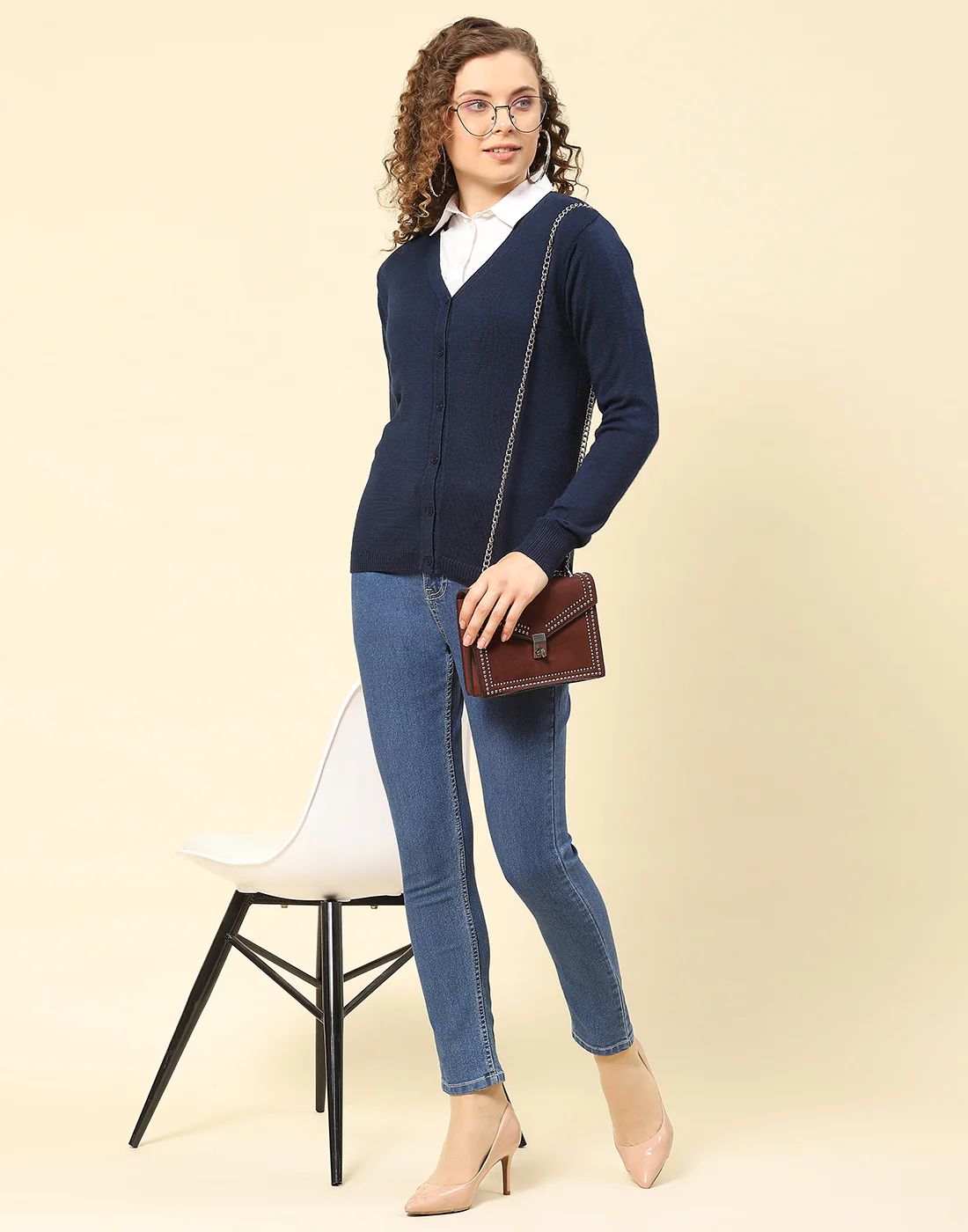 Women Navy Blue Solid V Neck Full Sleeve Cardigan - Image 2
