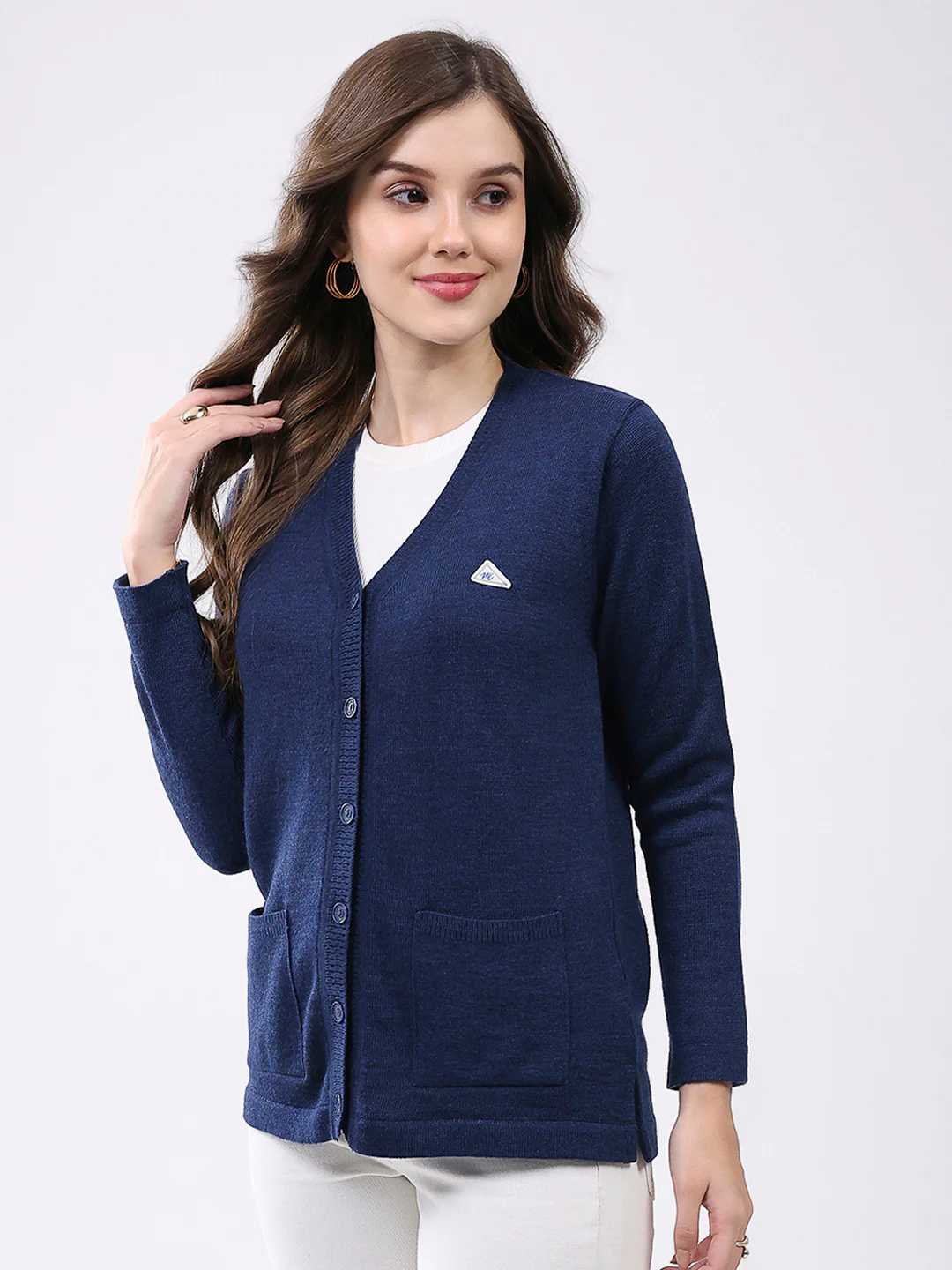 Women Navy Blue Solid V Neck Full Sleeve Cardigan - Image 3