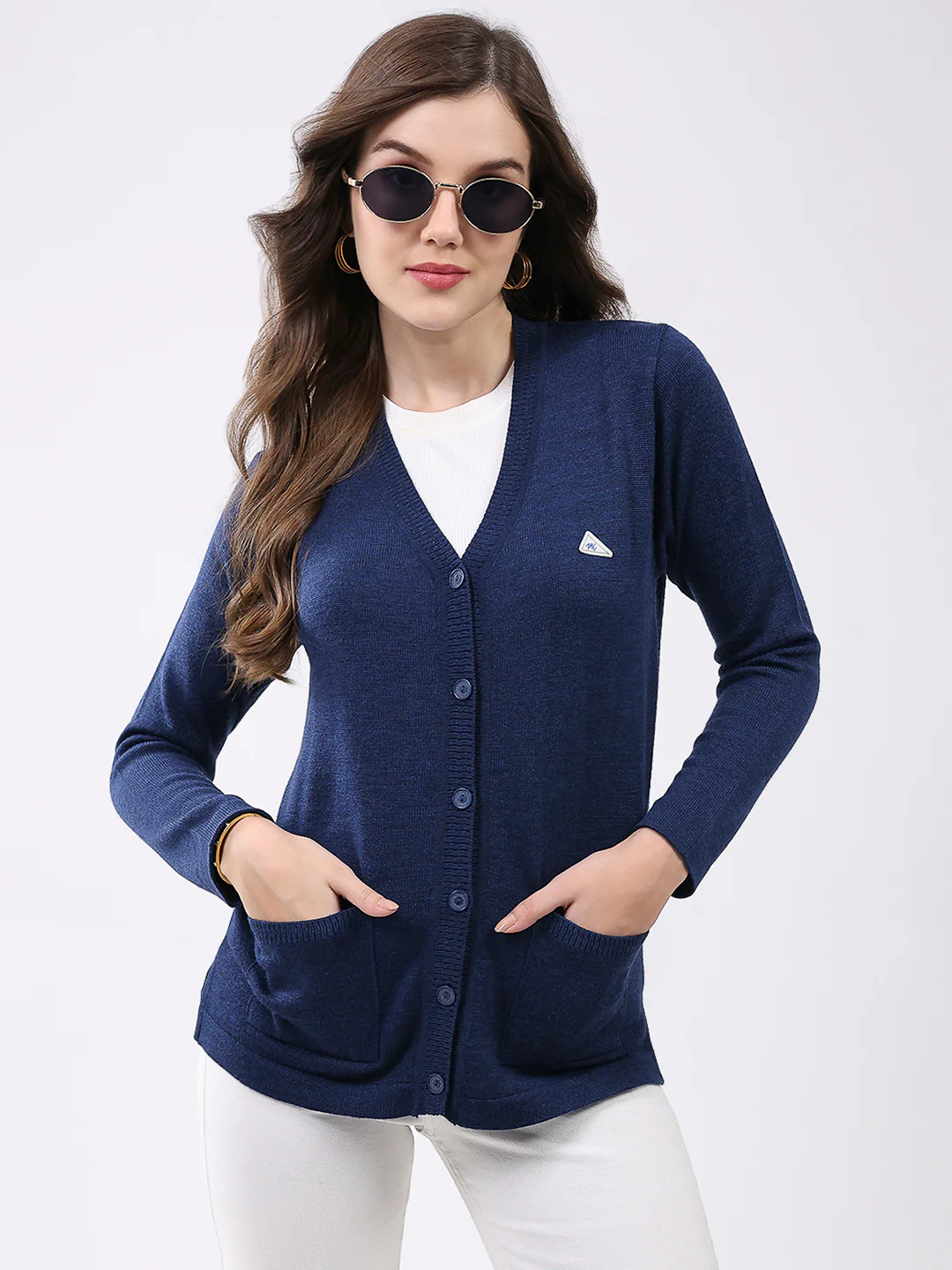 Women Navy Blue Solid V Neck Full Sleeve Cardigan - Image 6