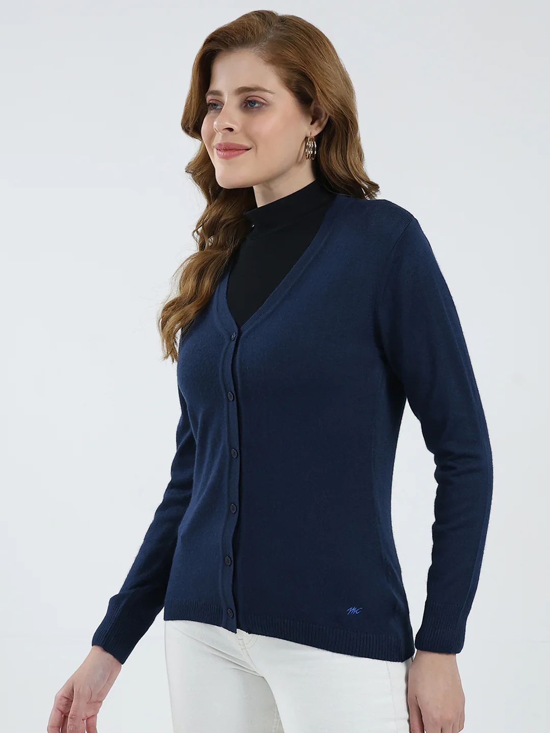 Women Navy Blue Solid V Neck Full Sleeve Cardigan - Image 3