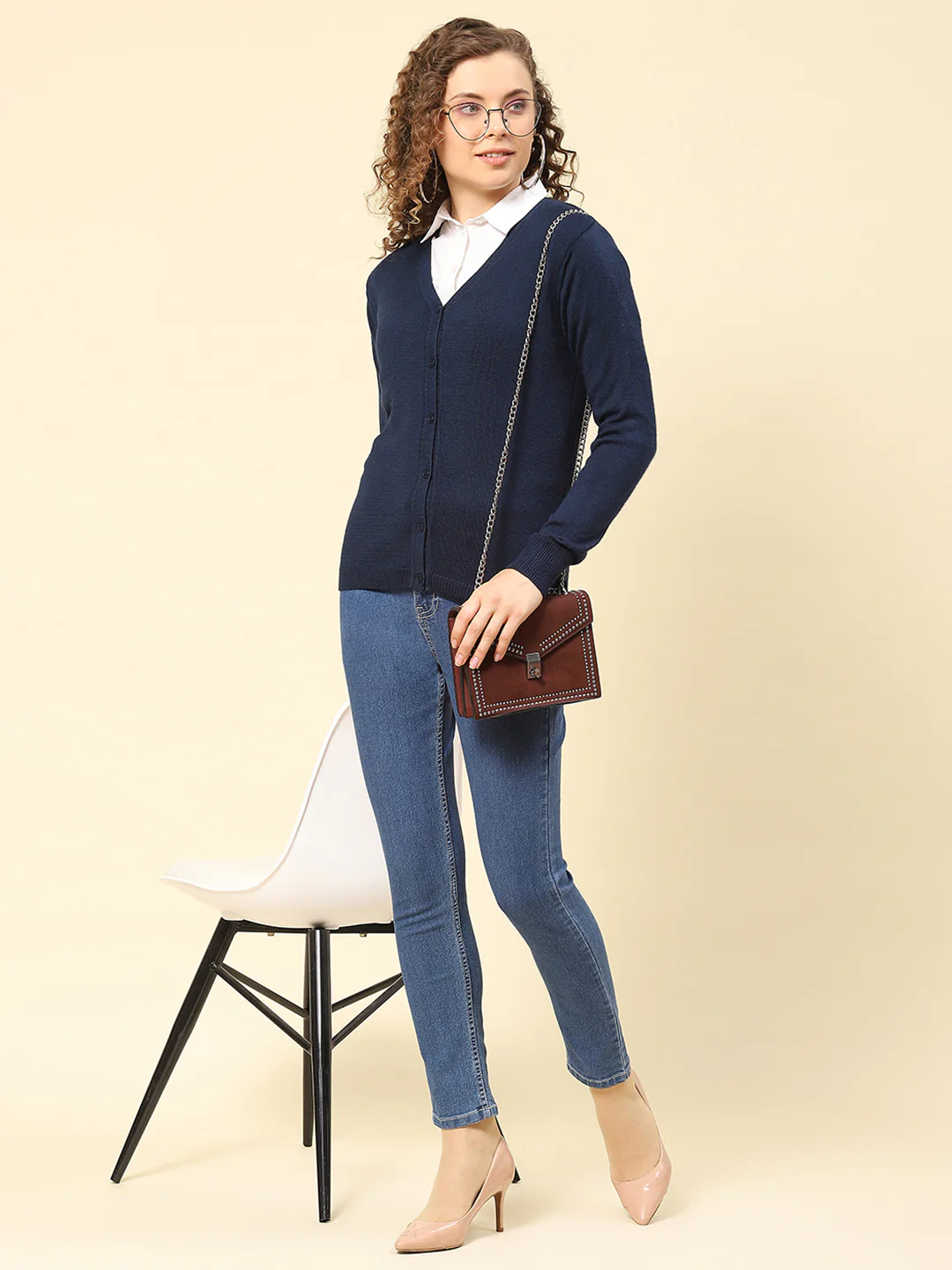 Women Navy Blue Solid V Neck Full Sleeve Cardigans - Image 2