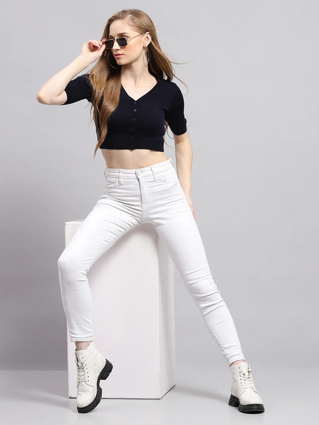 Women Navy Blue Solid V Neck Half Sleeve Blouse - Image 2