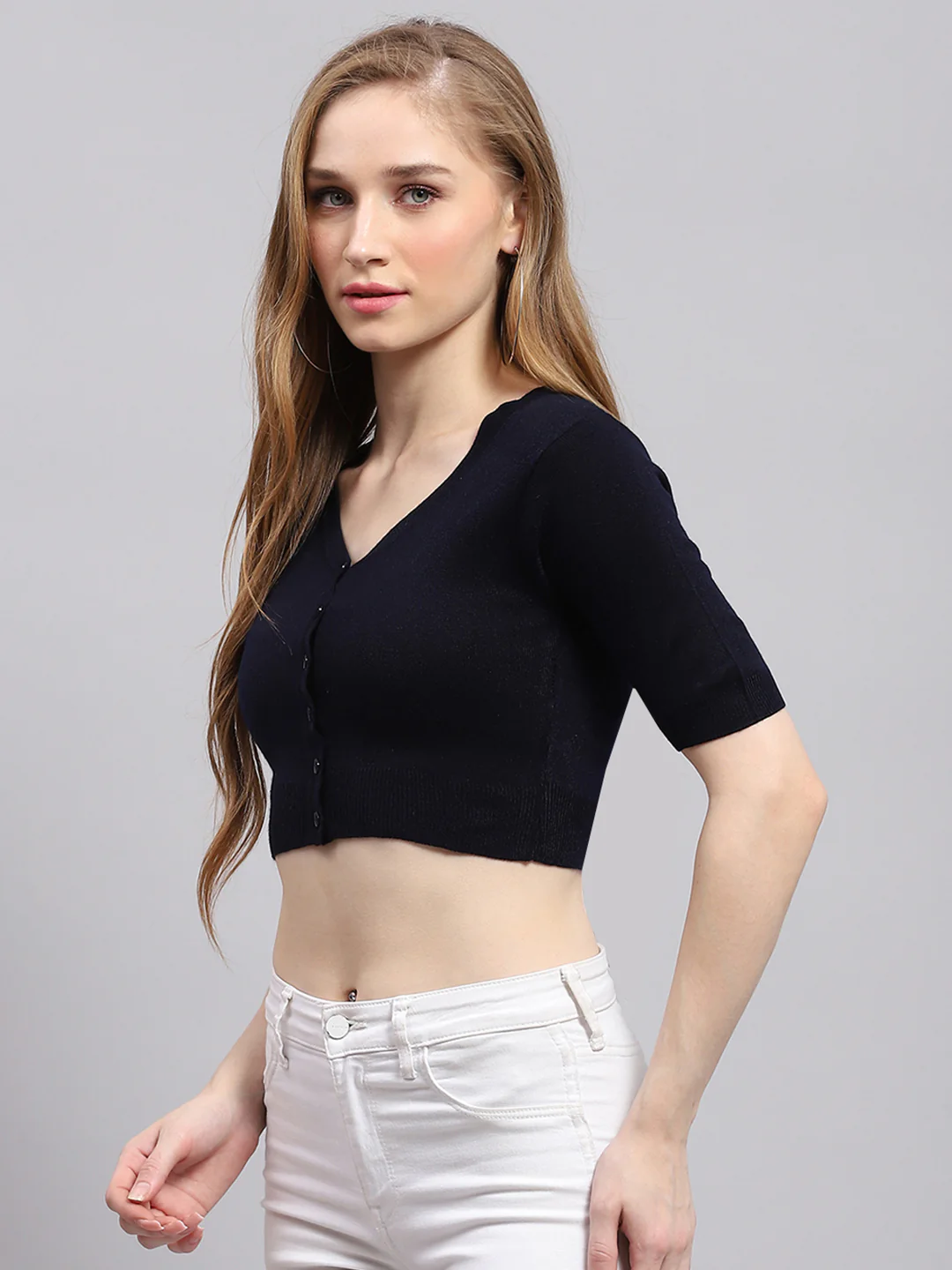 Women Navy Blue Solid V Neck Half Sleeve Blouse - Image 3