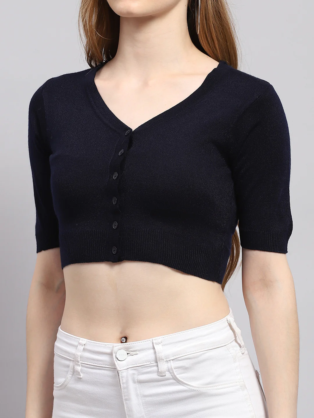 Women Navy Blue Solid V Neck Half Sleeve Blouse - Image 6
