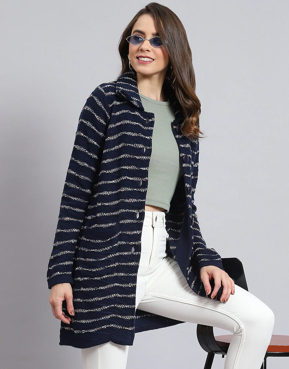 Women Navy Blue Stripe Collar Full Sleeve Cardigan - Image 2