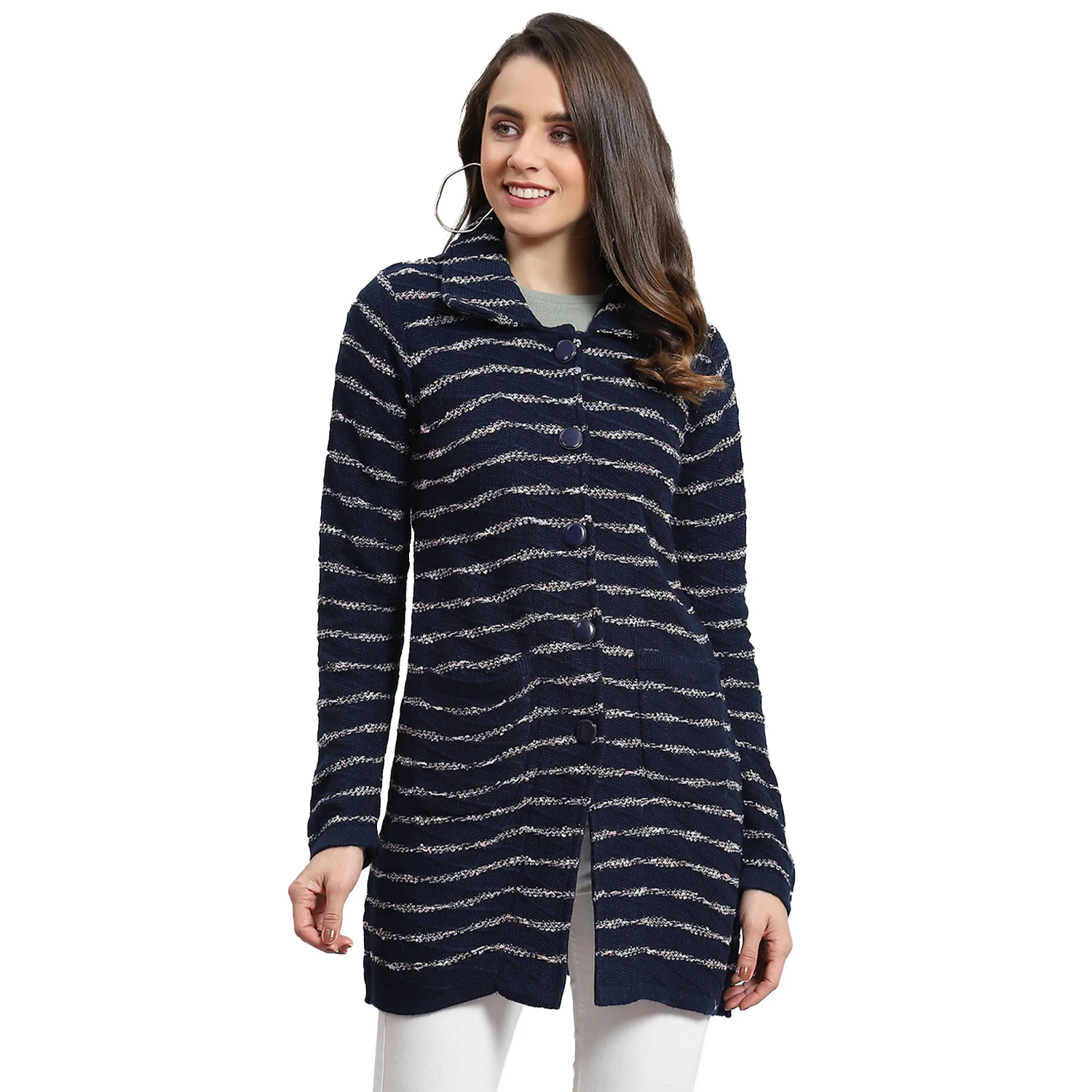 Women Navy Blue Stripe Collar Full Sleeve Cardigan - Image 5