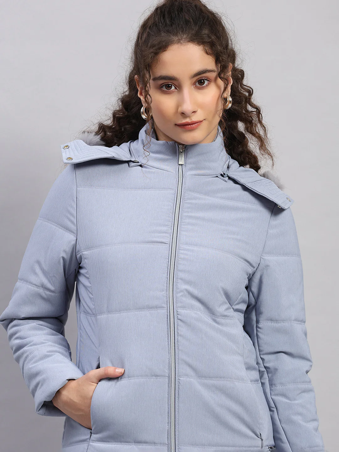 Women Navy Blue Stripe Hooded Full Sleeve Jacket - Image 6