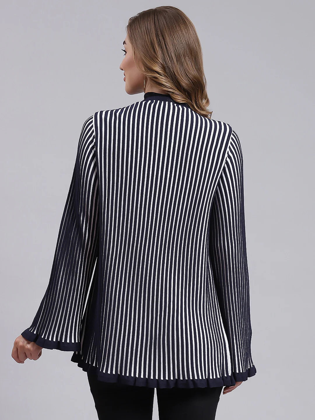 Women Navy Blue Stripe Wool blend Cardigan - Image 5