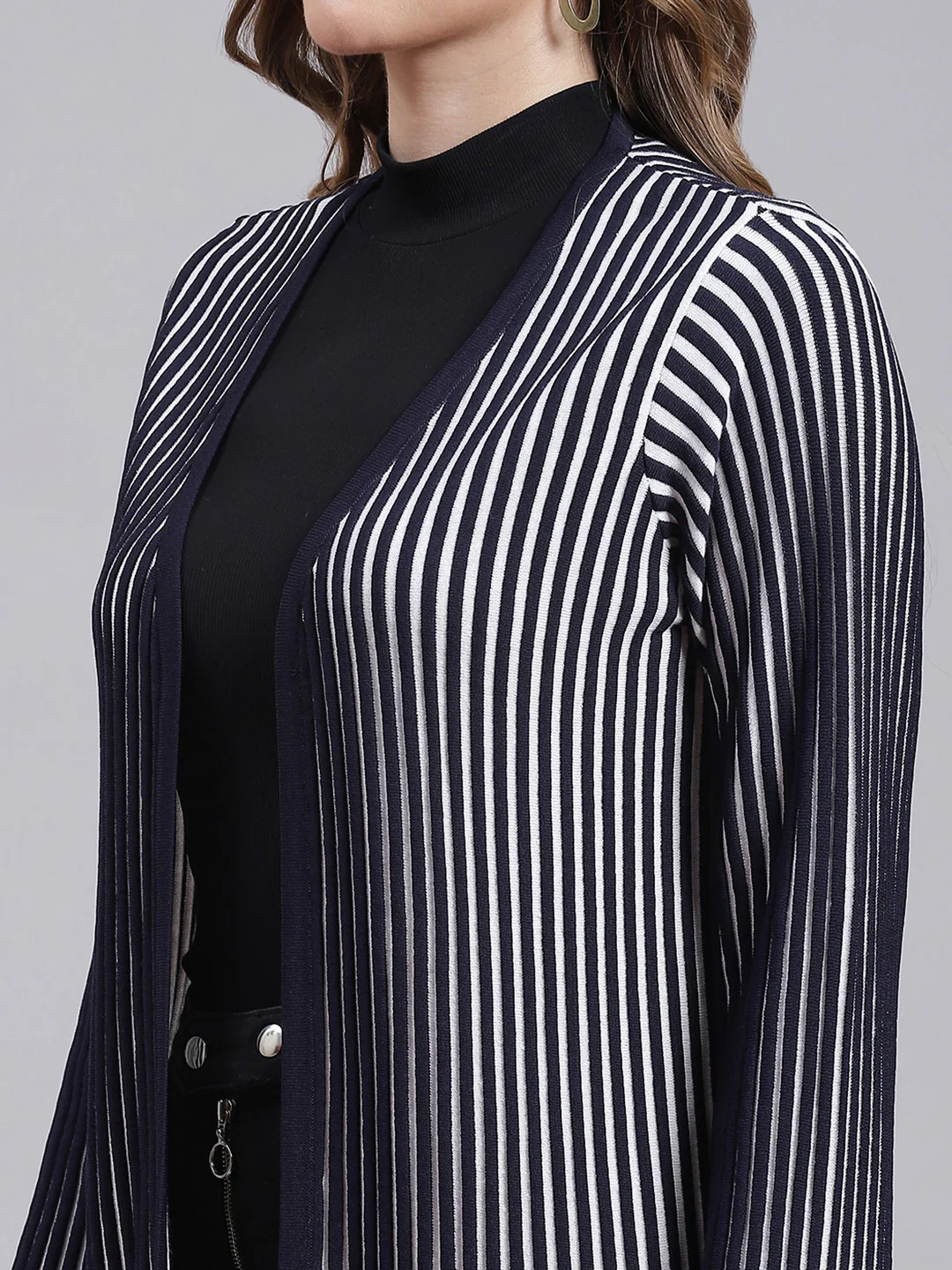Women Navy Blue Stripe Wool blend Cardigan - Image 6