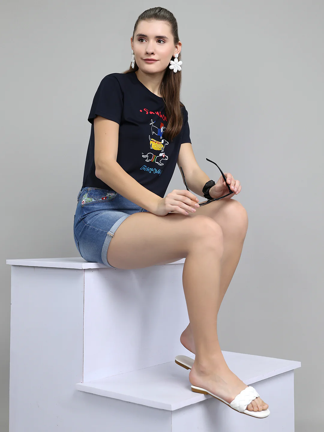 Women Navy Blue Typographic Round Neck Half Sleeve Top - Image 6