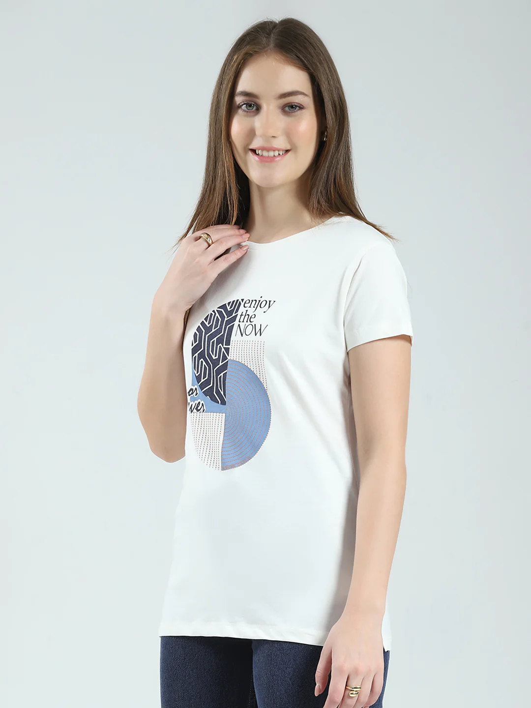 Women Off White & Blue Printed Round Neck Half Sleeve Top (Pack of 2) - Image 4