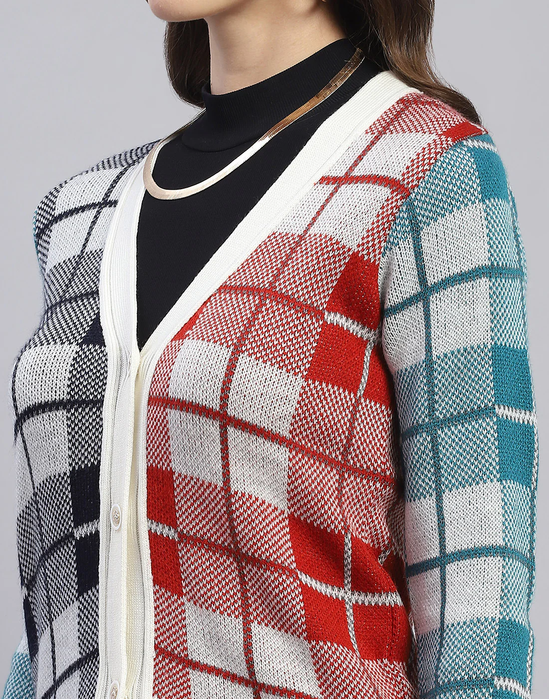Women Off White Check V Neck Full Sleeve Cardigan - Image 7