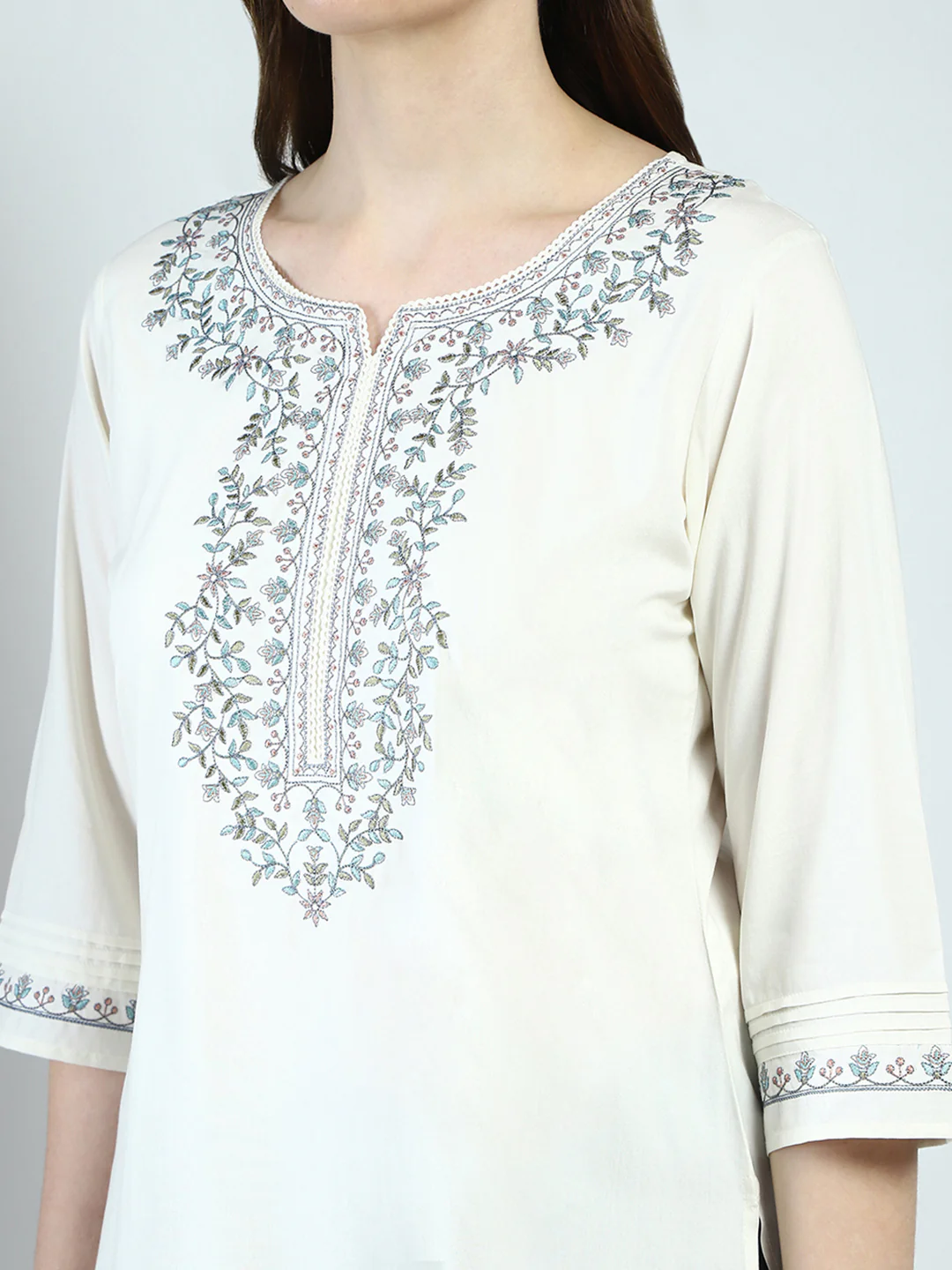 Women Off White Embroidered Round Neck 3/4th Sleeve Top - Image 6