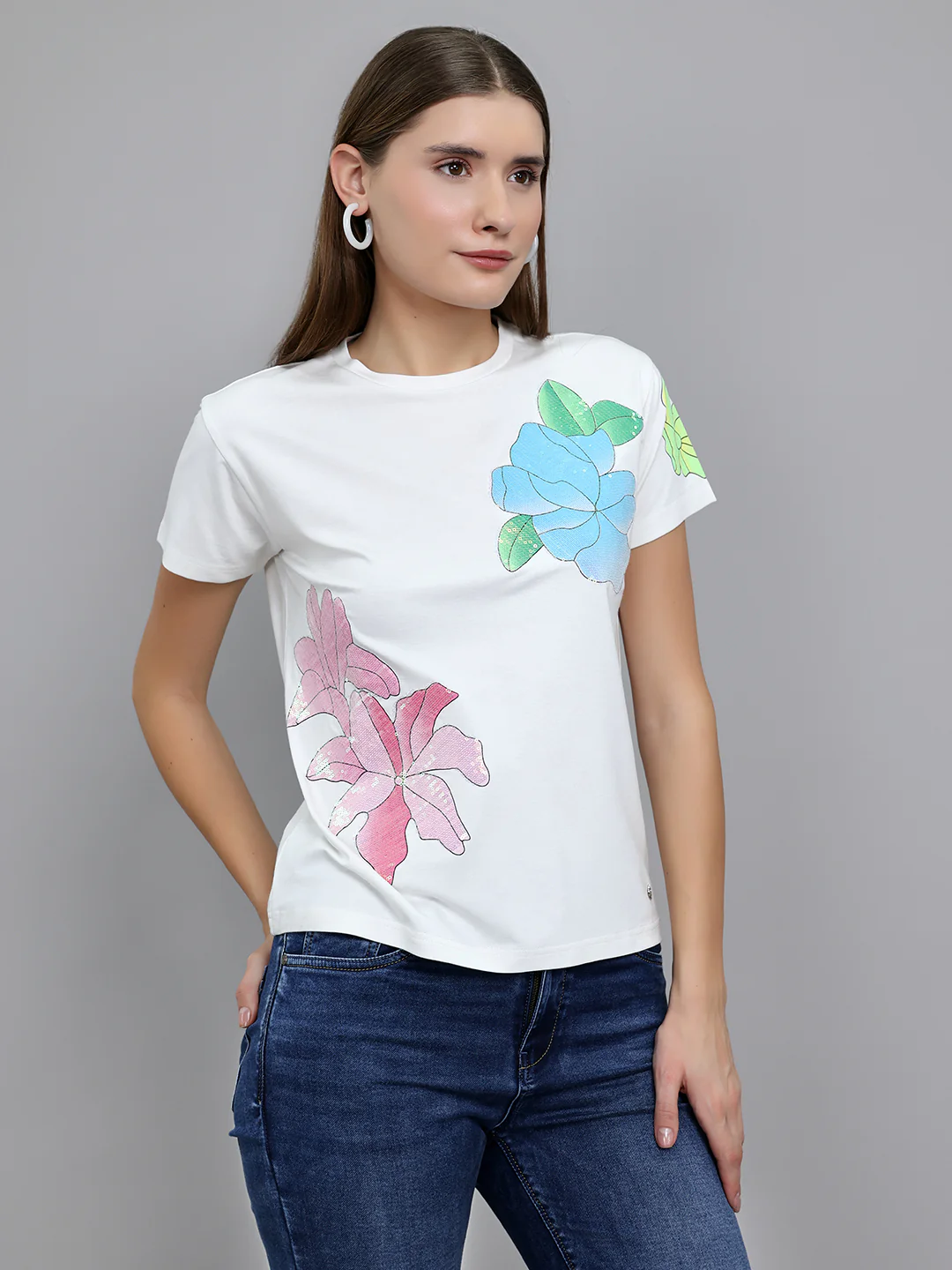 Women Off White Embroidered Round Neck Half Sleeve Top - Image 3