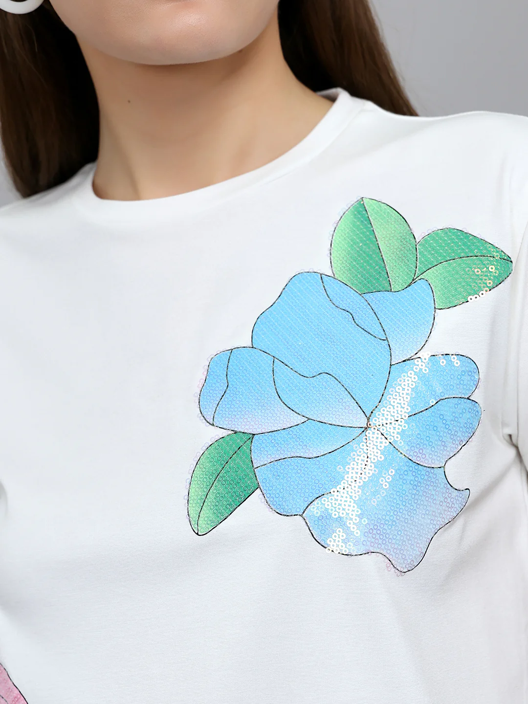 Women Off White Embroidered Round Neck Half Sleeve Top - Image 5