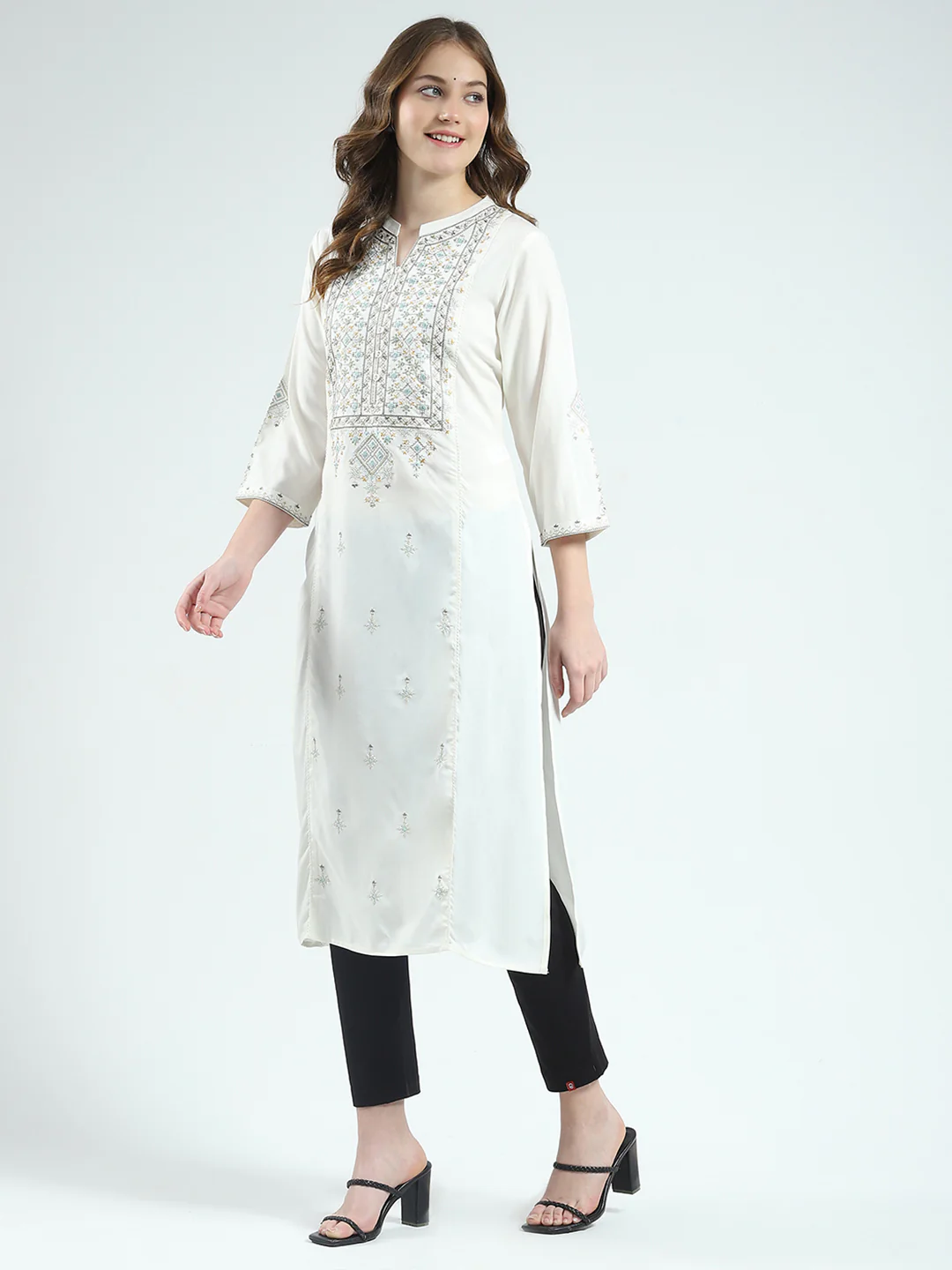 Women Off White Embroidered Round Neck 3/4th Sleeve Kurti - Image 3