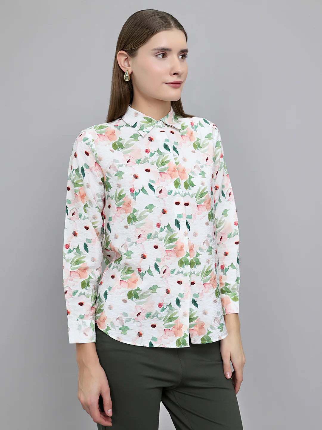 Women Off White Floral Print Collar Full Sleeve Top - Image 3