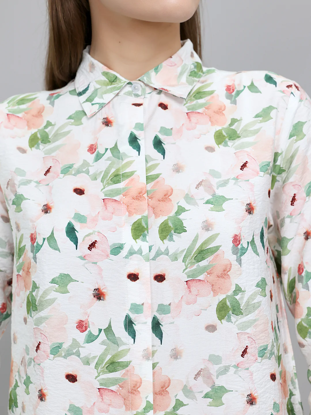 Women Off White Floral Print Collar Full Sleeve Top - Image 5