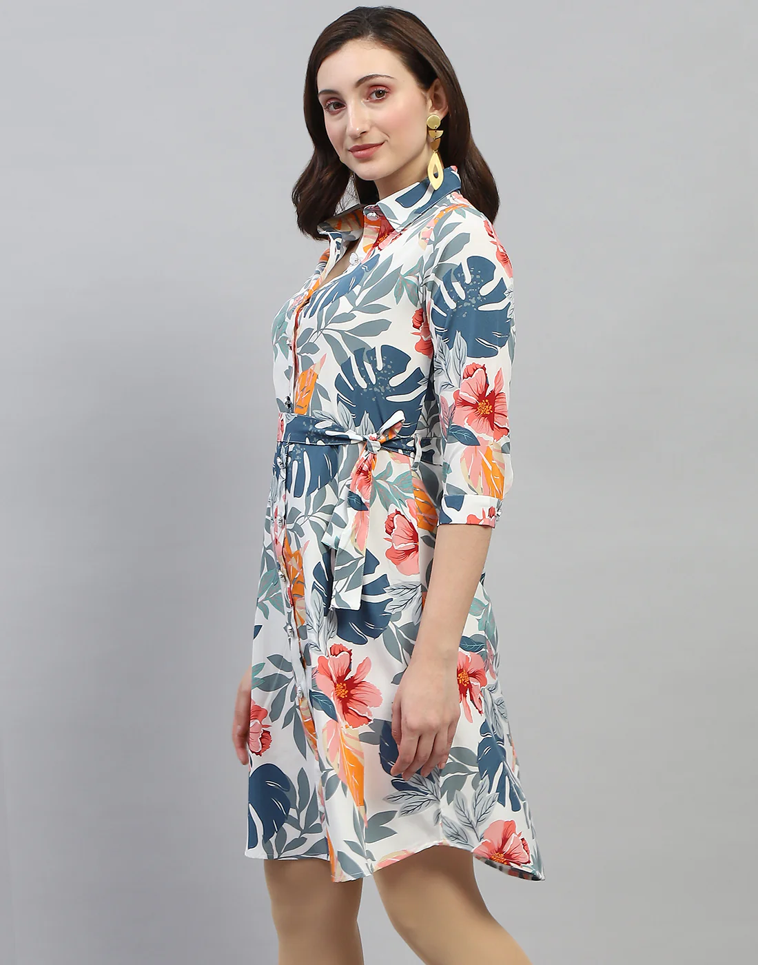 Women Off White Floral Print Collar Neck 3/4 Sleeve Dress - Image 4