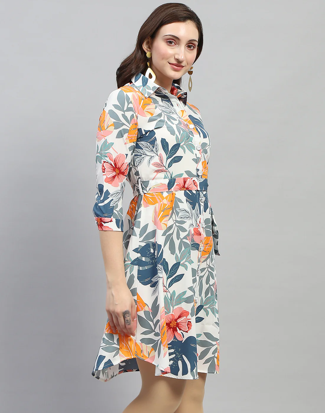 Women Off White Floral Print Collar Neck 3/4 Sleeve Dress - Image 5