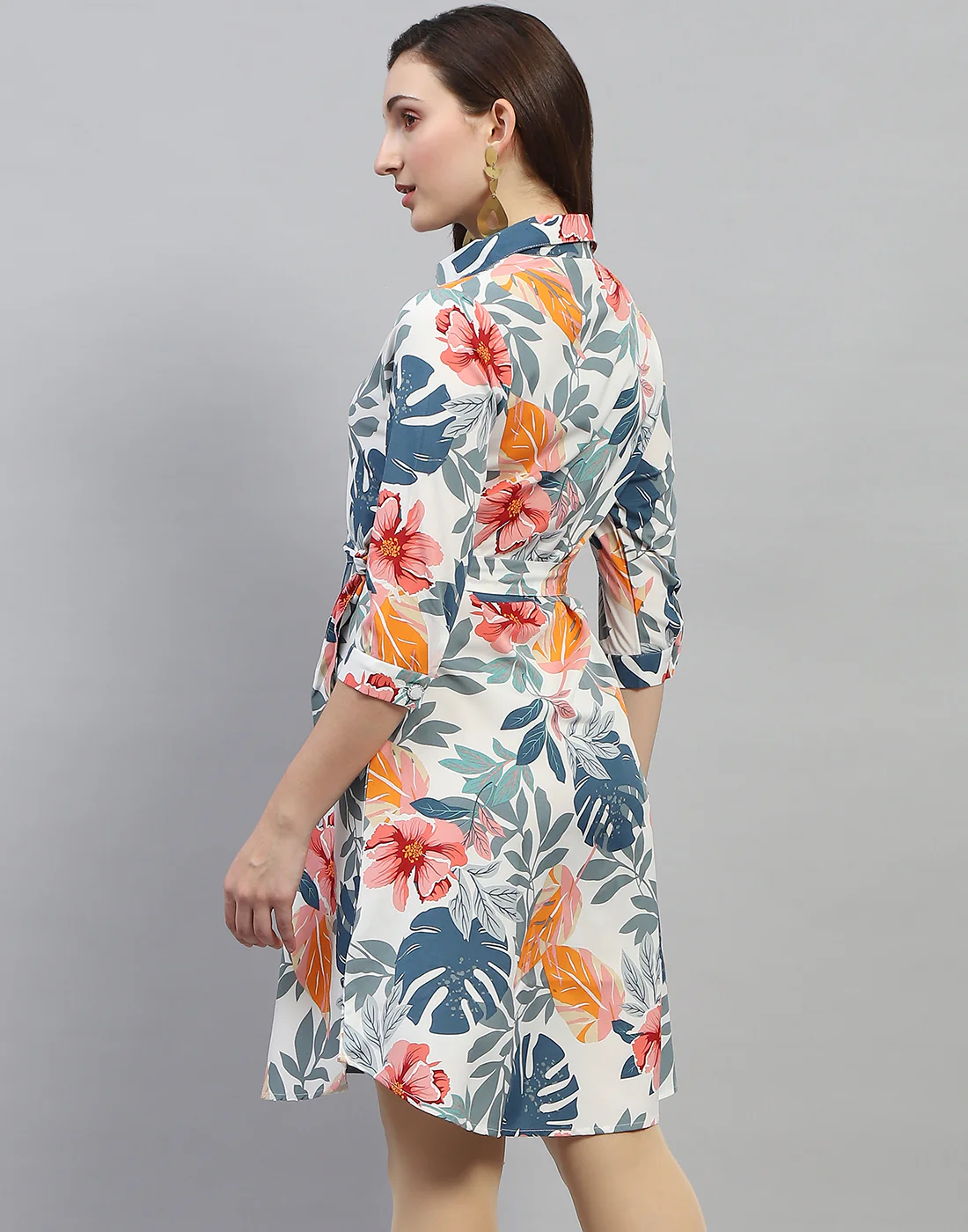 Women Off White Floral Print Collar Neck 3/4 Sleeve Dress - Image 6