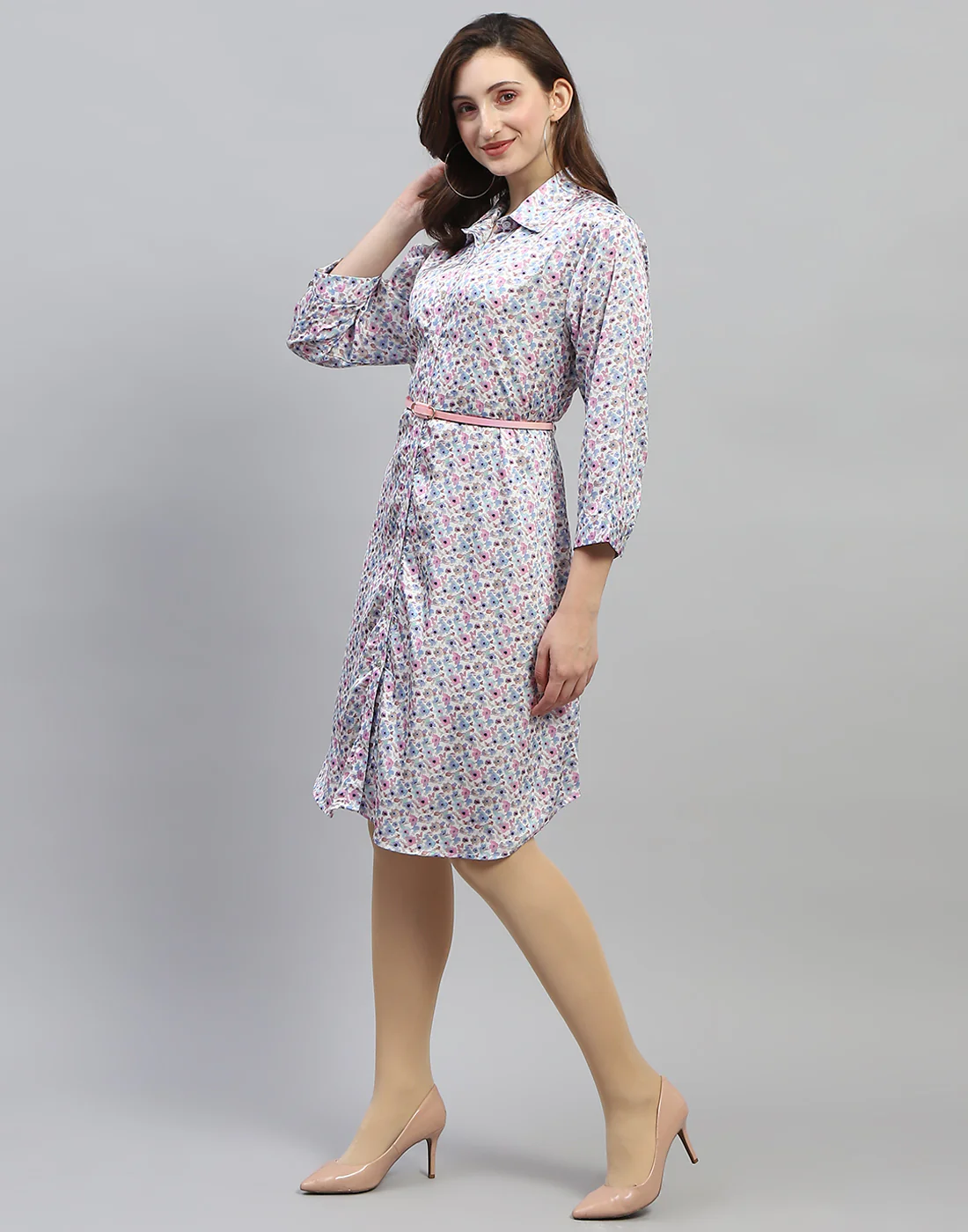 Women Off White Floral Print Collar Neck 3/4 Sleeve Dress - Image 4