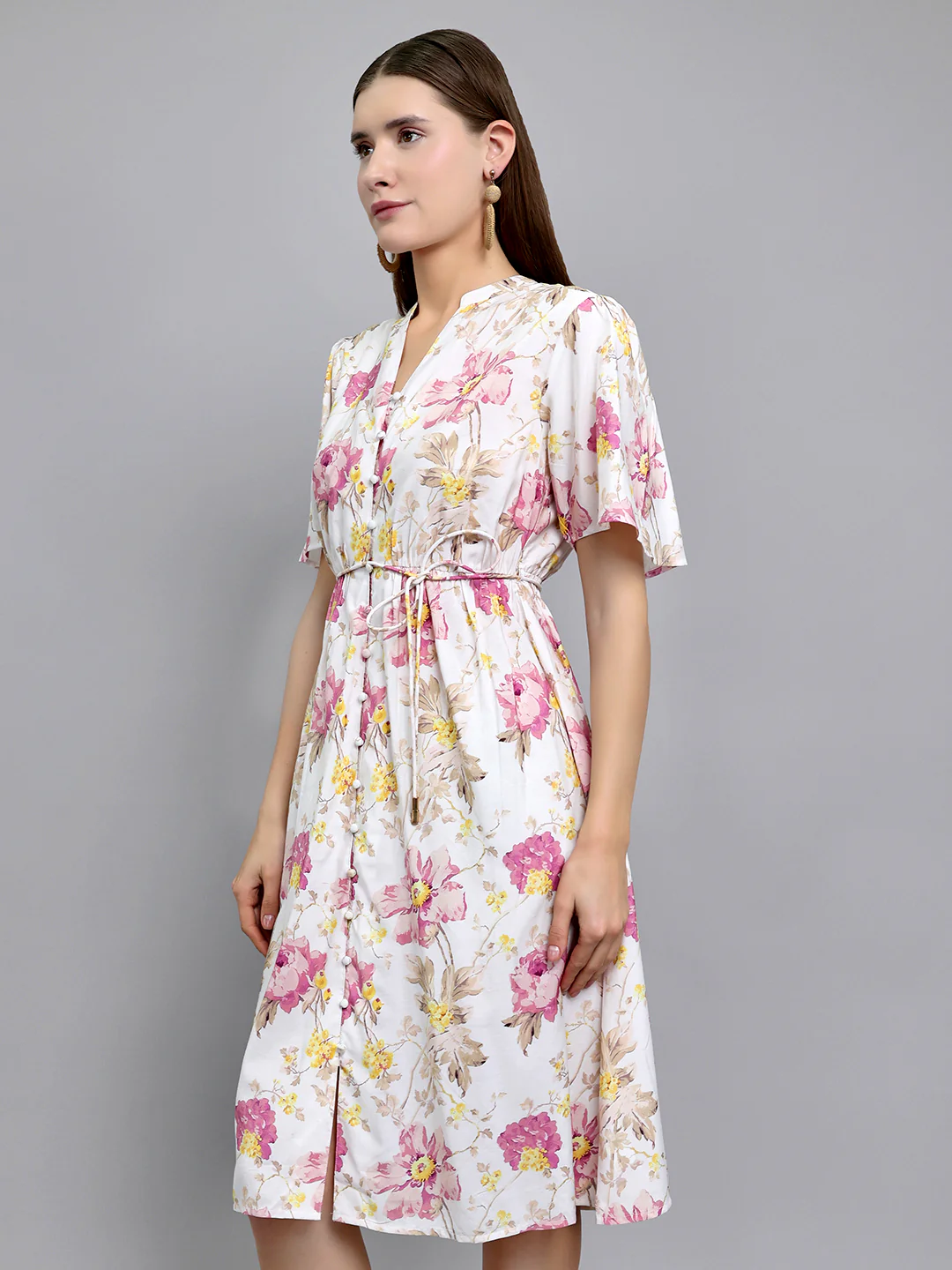 Women Off White Floral Print Front Open Half Sleeve Dress - Image 2