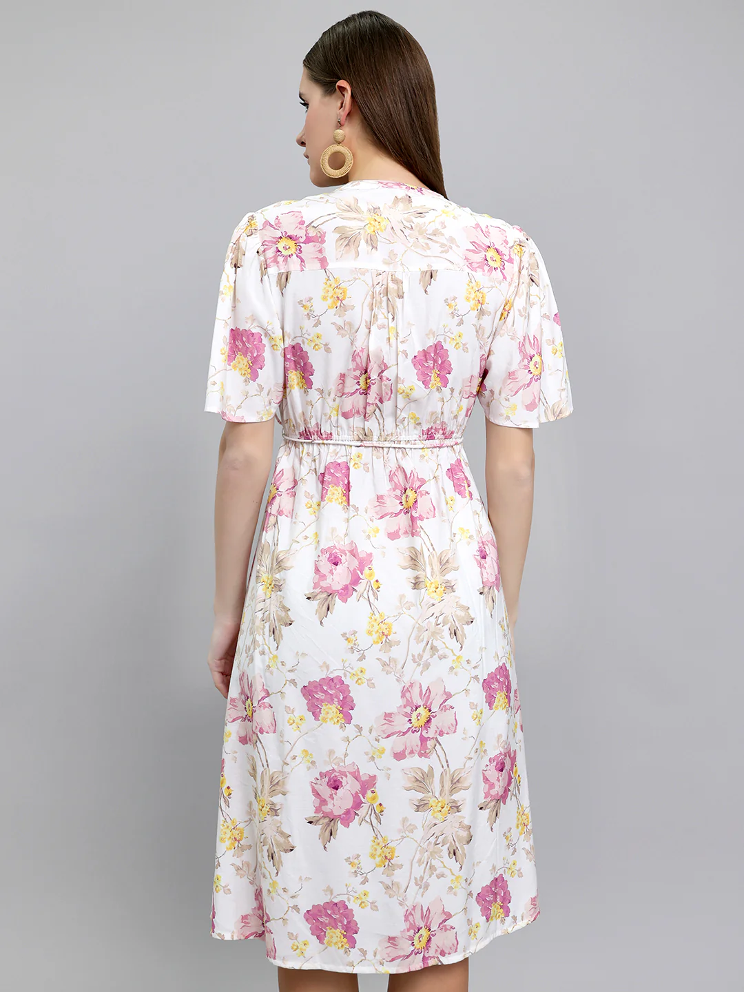 Women Off White Floral Print Front Open Half Sleeve Dress - Image 4