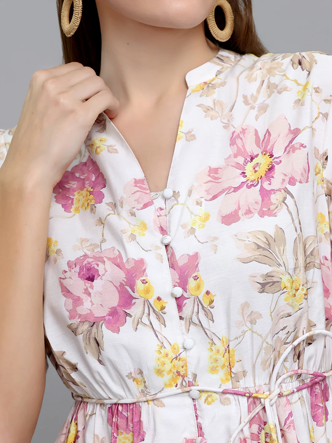 Women Off White Floral Print Front Open Half Sleeve Dress - Image 5