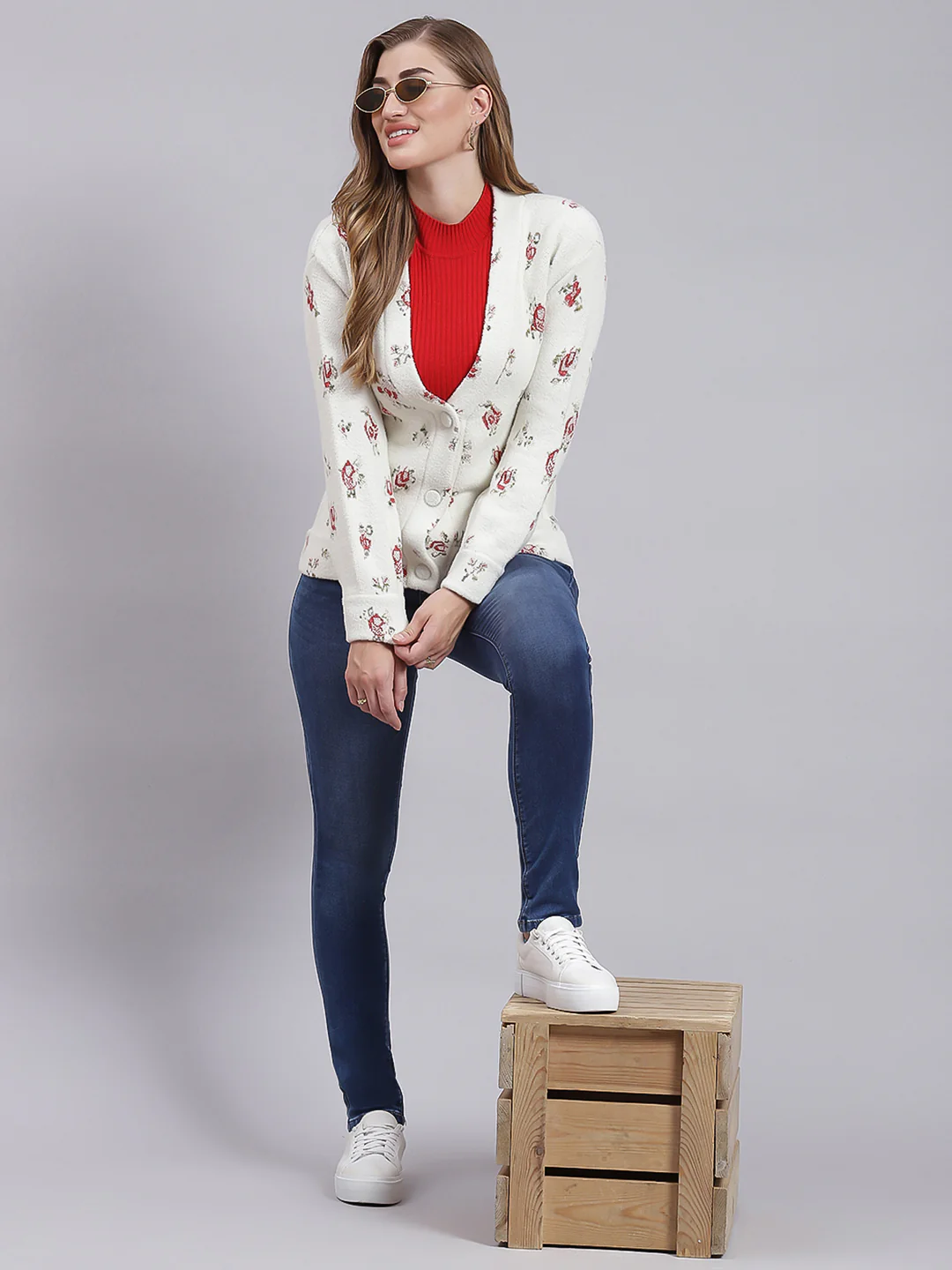 Women Off White Jaquard Wool blend Cardigan - Image 2