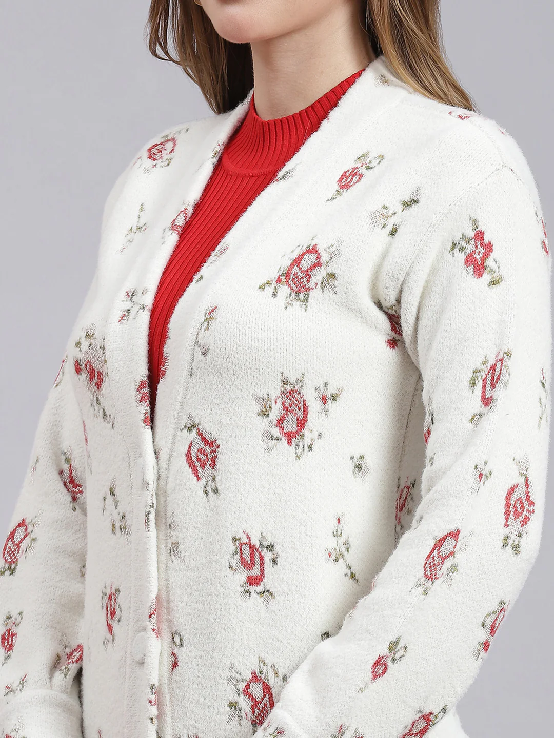 Women Off White Jaquard Wool blend Cardigan - Image 6