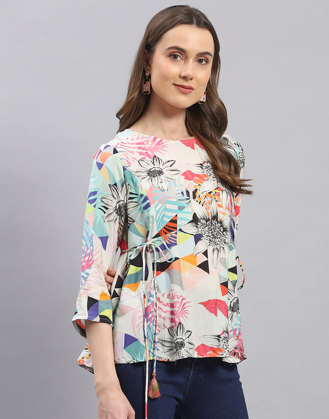 Women Off White Printed Boat Neck 3/4 Sleeve Top - Image 4