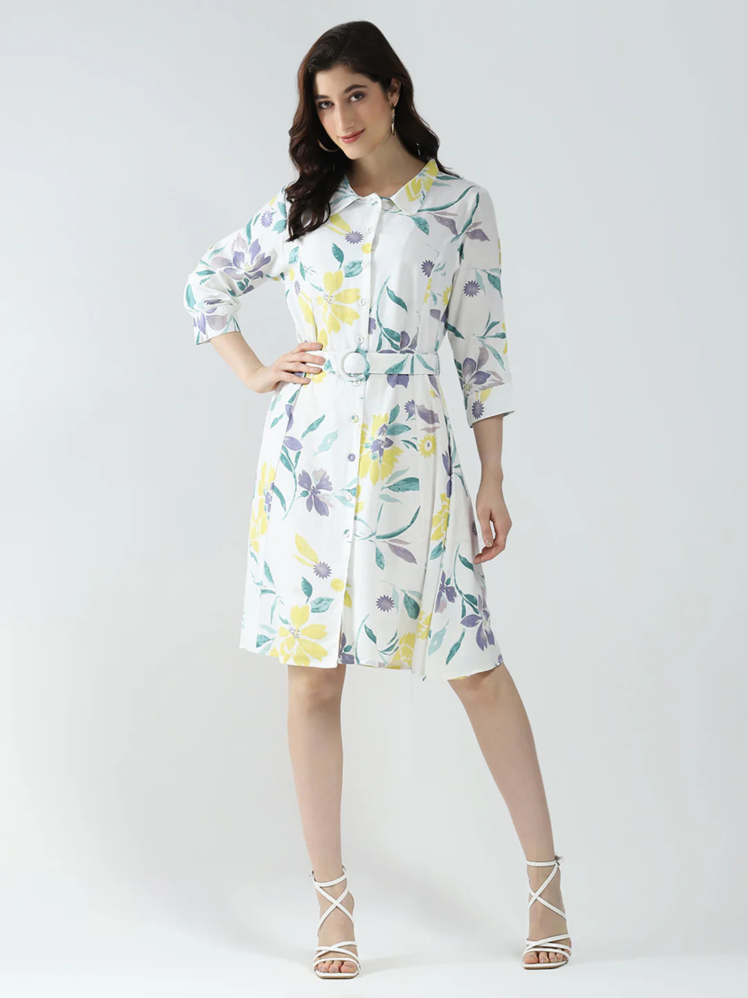 Women Off White Printed Collar 3/4th Sleeve Dress - Image 2