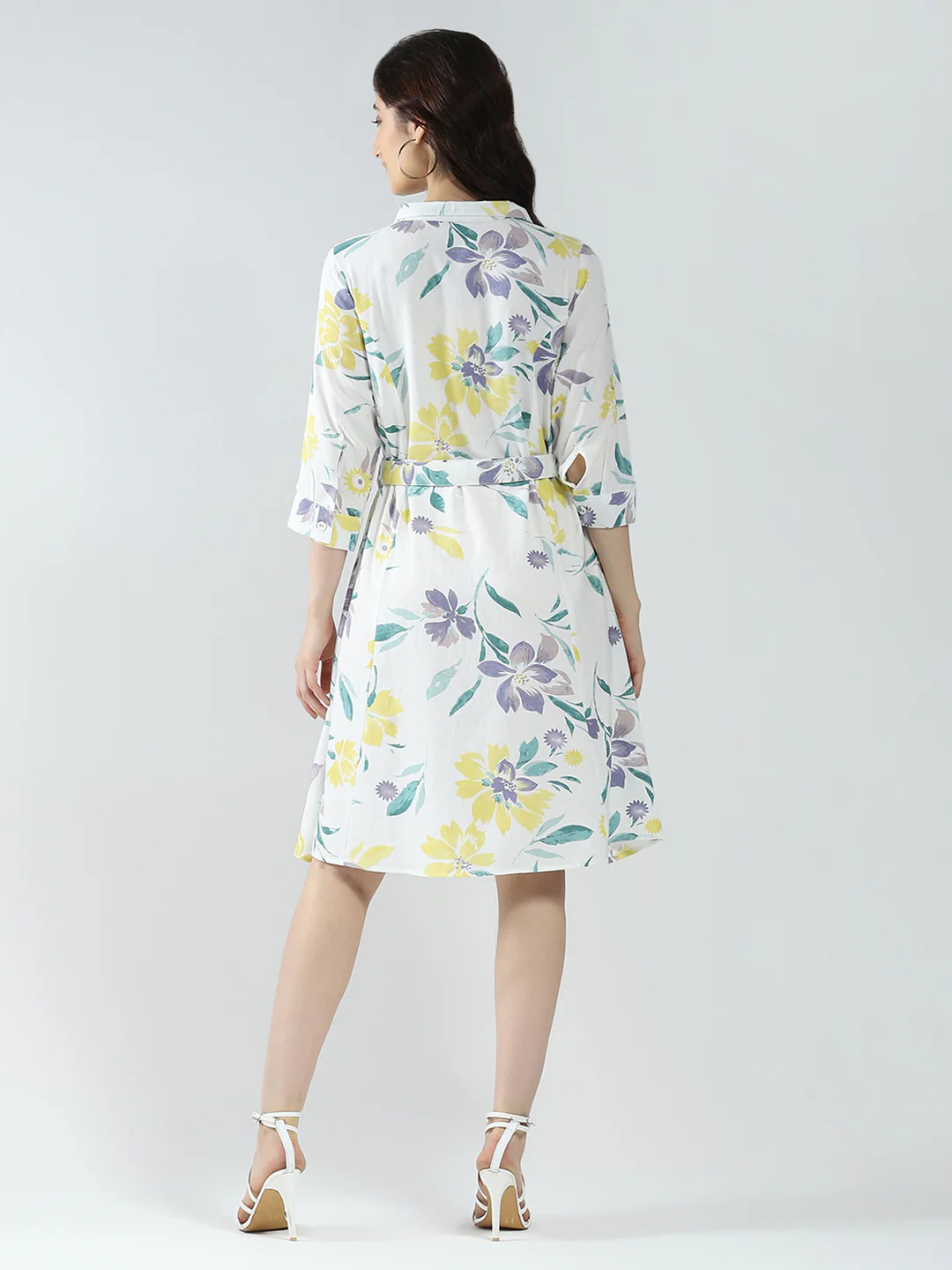 Women Off White Printed Collar 3/4th Sleeve Dress - Image 5