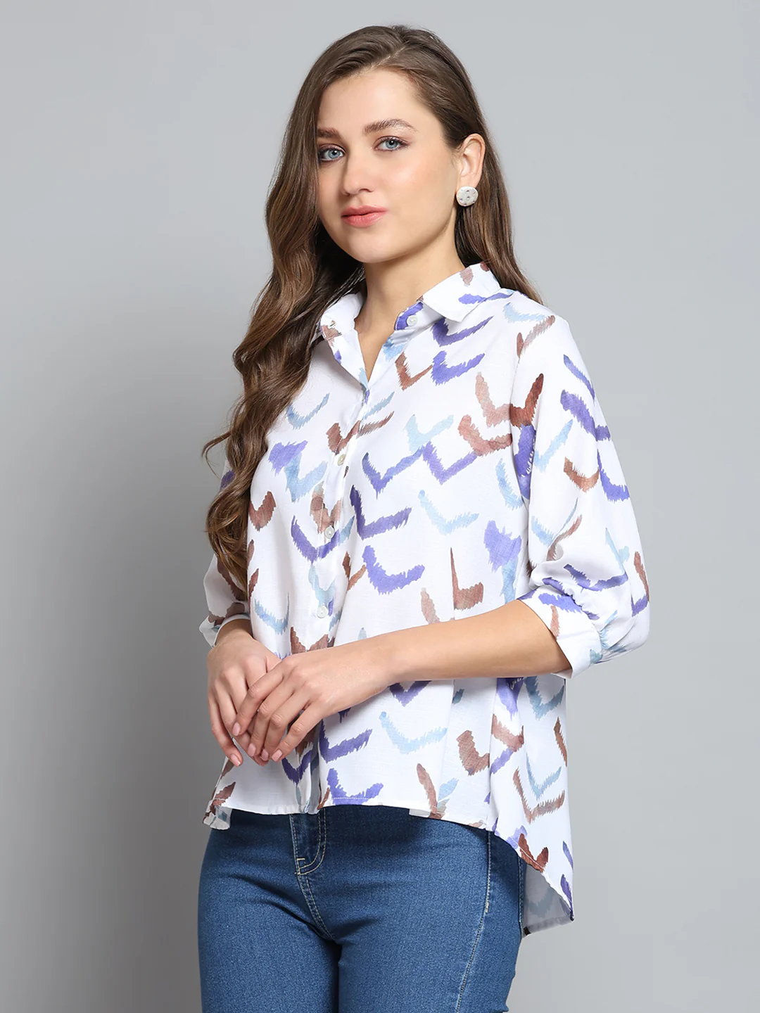Women Off White Printed Collar 3/4th Sleeve Top - Image 3