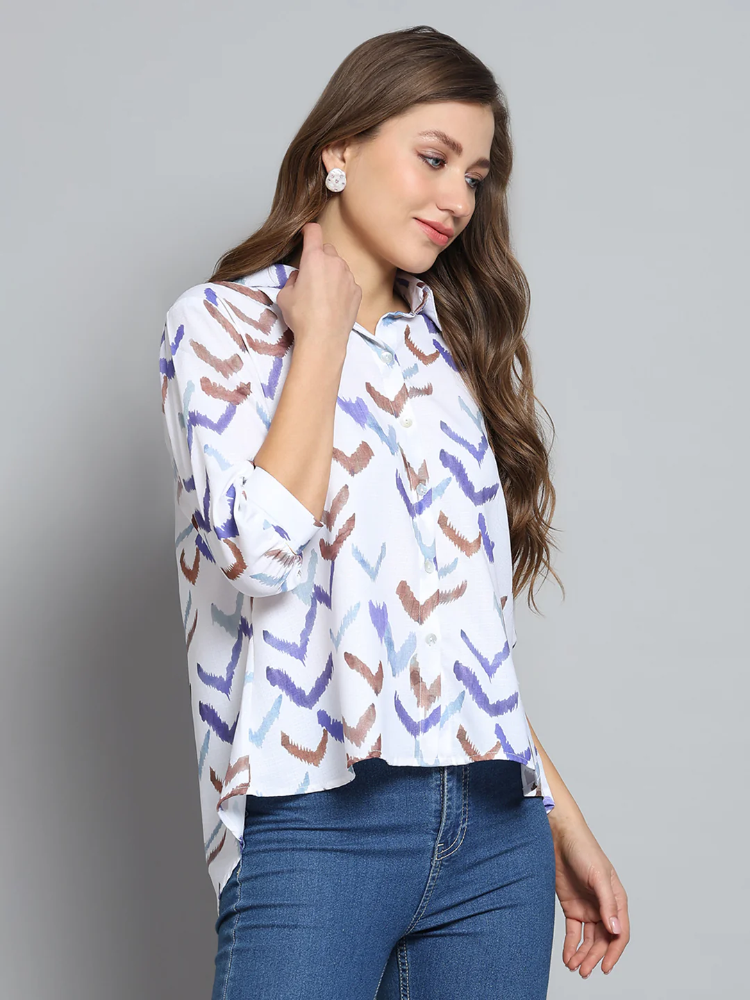 Women Off White Printed Collar 3/4th Sleeve Top - Image 4