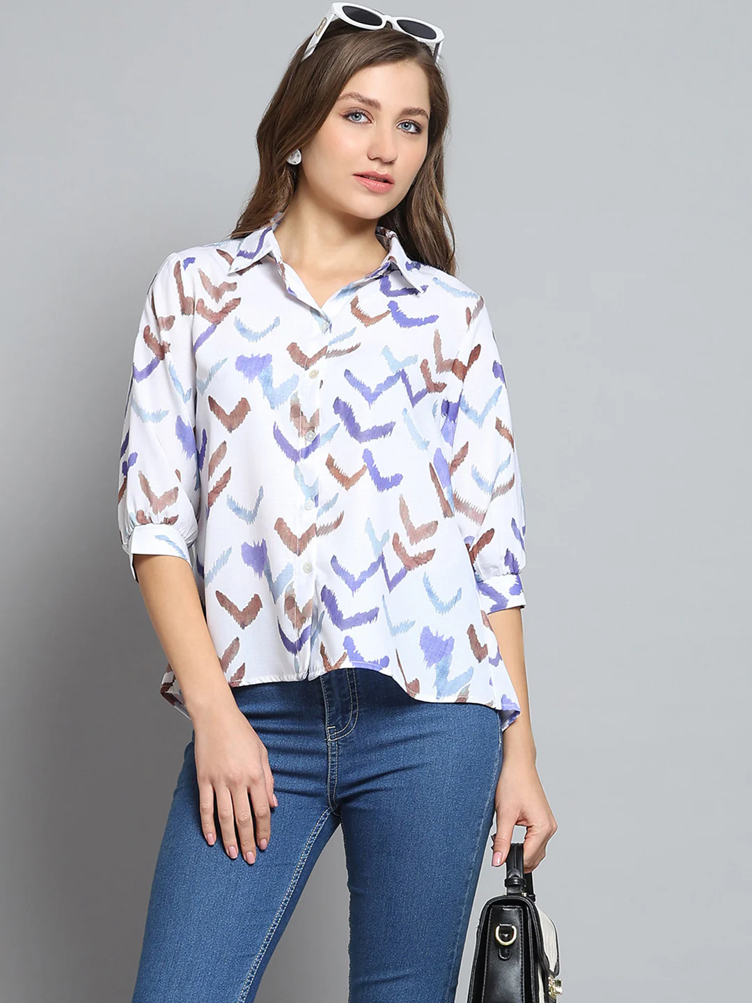 Women Off White Printed Collar 3/4th Sleeve Top - Image 6