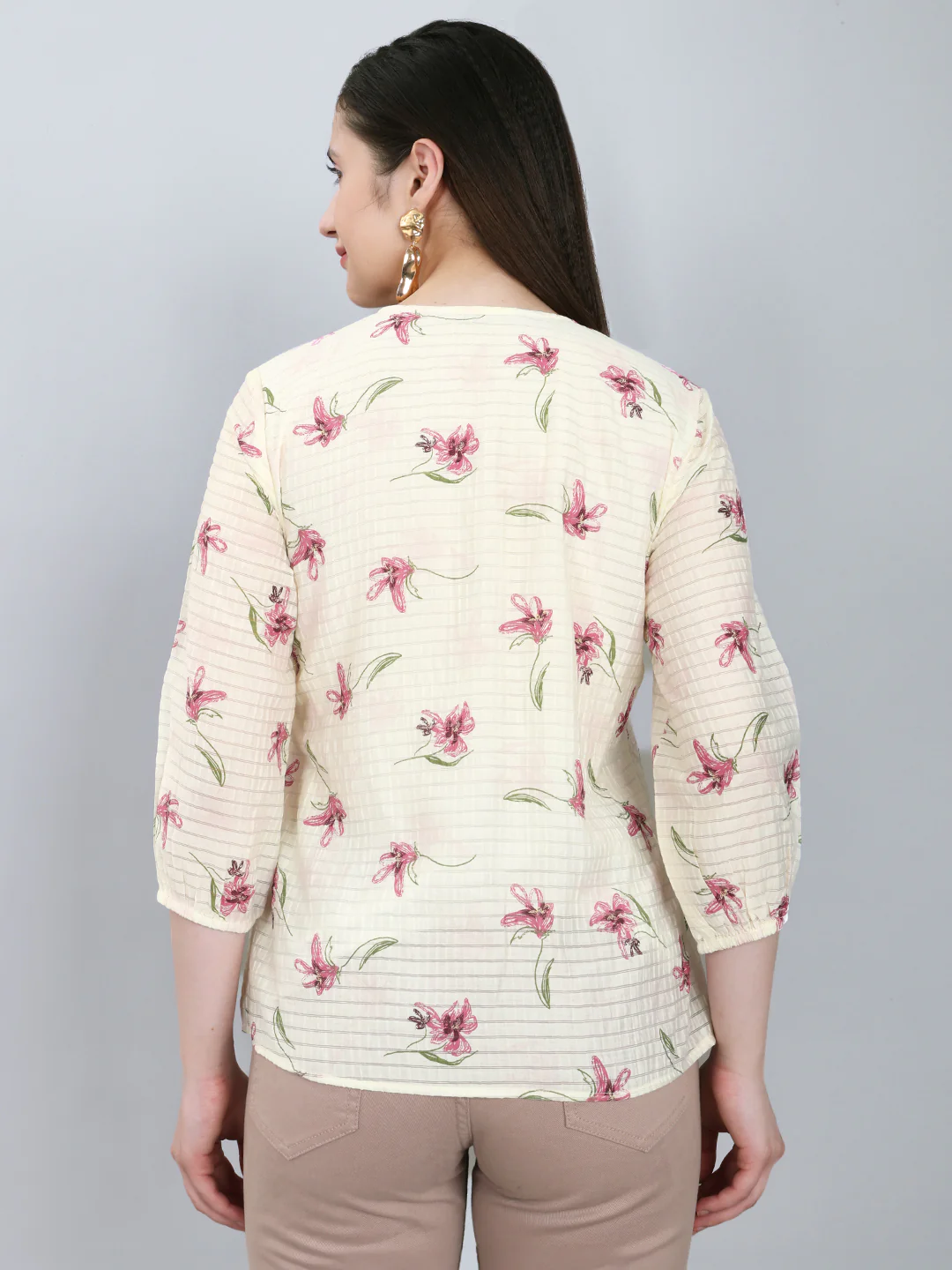 Women Off White Printed Fashion Neck 3/4th Sleeve Top - Image 4