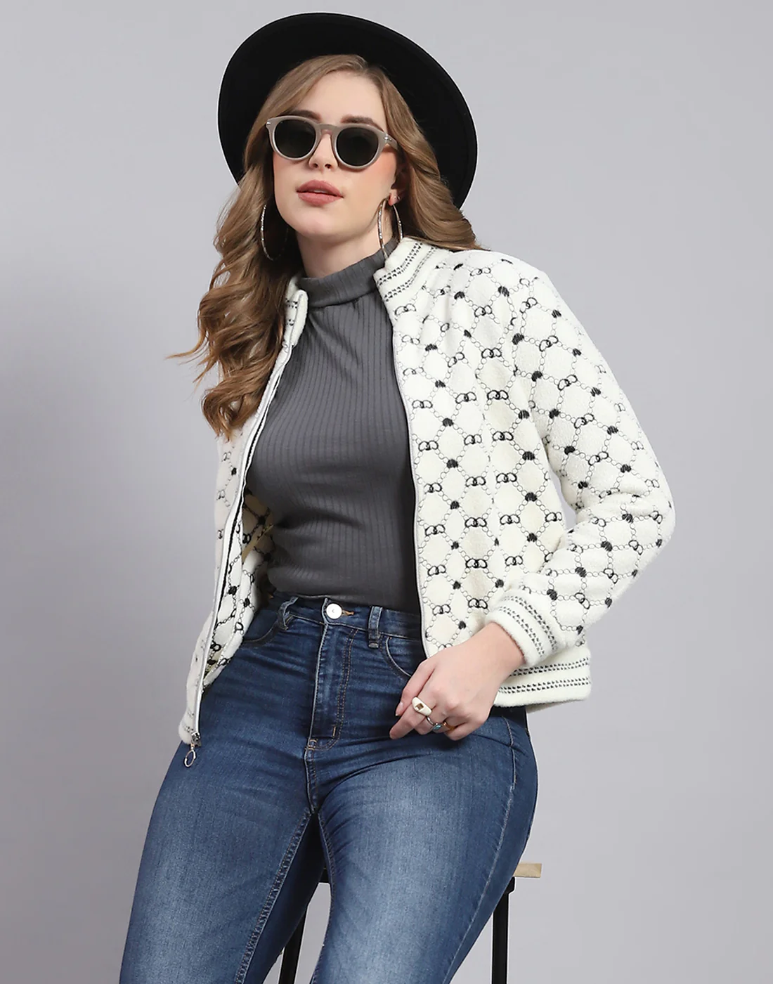 Women Off White Printed H Neck Full Sleeve Sweatshirt - Image 2