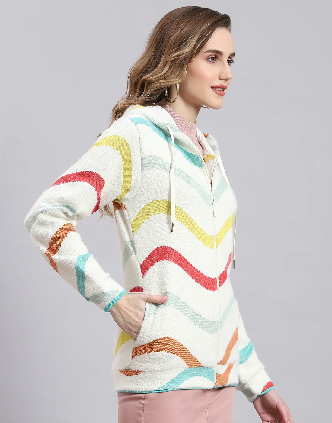 Women Off White Printed Hooded Full Sleeve Sweatshirt - Image 4