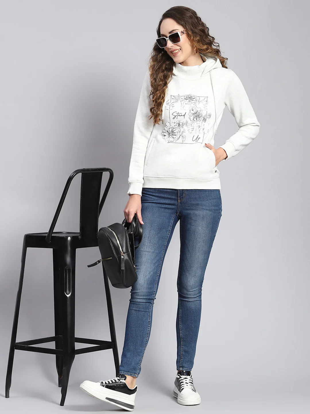 Women Off White Printed Hooded Full Sleeve Sweatshirts - Image 2