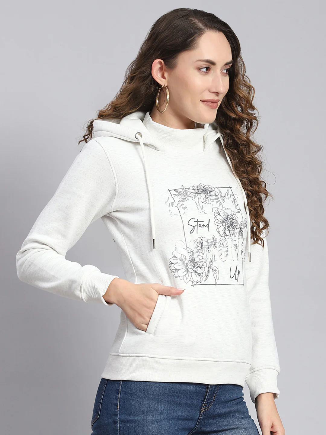 Women Off White Printed Hooded Full Sleeve Sweatshirts - Image 5