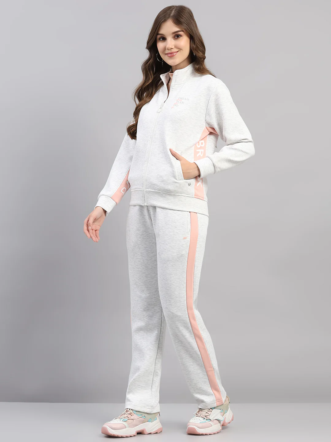 Women Off White Printed Mock Neck Full Sleeve Winter Tracksuit - Image 3