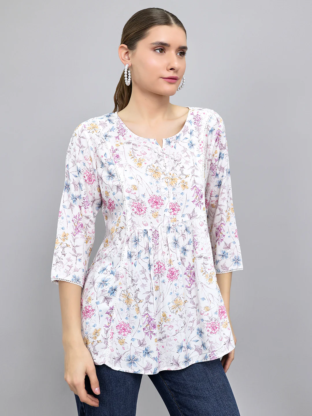 Women Off White Printed Round Neck 3/4th Sleeve Top - Image 3
