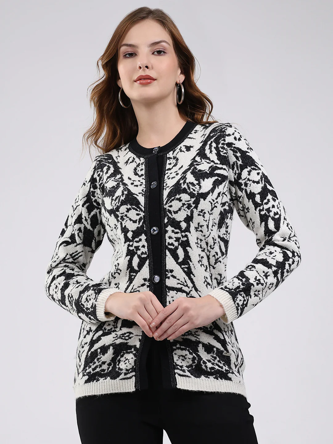 Women Off White Printed Round Neck Full Sleeve Cardigan