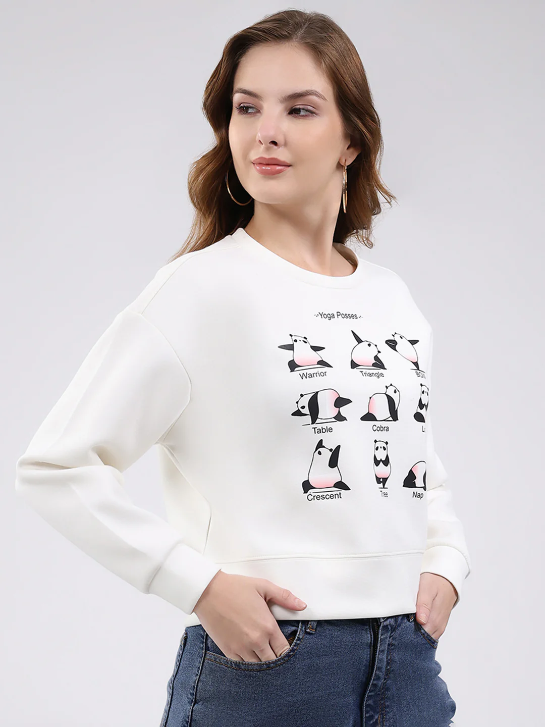 Women Off White Printed Round Neck Full Sleeve Sweatshirt - Image 4